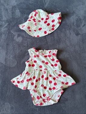 Baby Girl Cherry Print Sun Hat and Dress Set - White & Red
